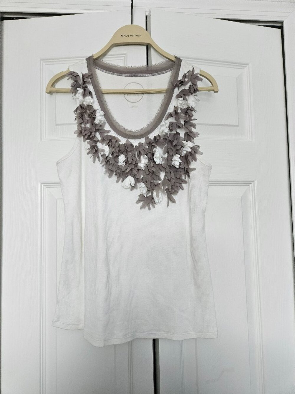 White Tank Top with Asymmetrical Grey and White Flowers